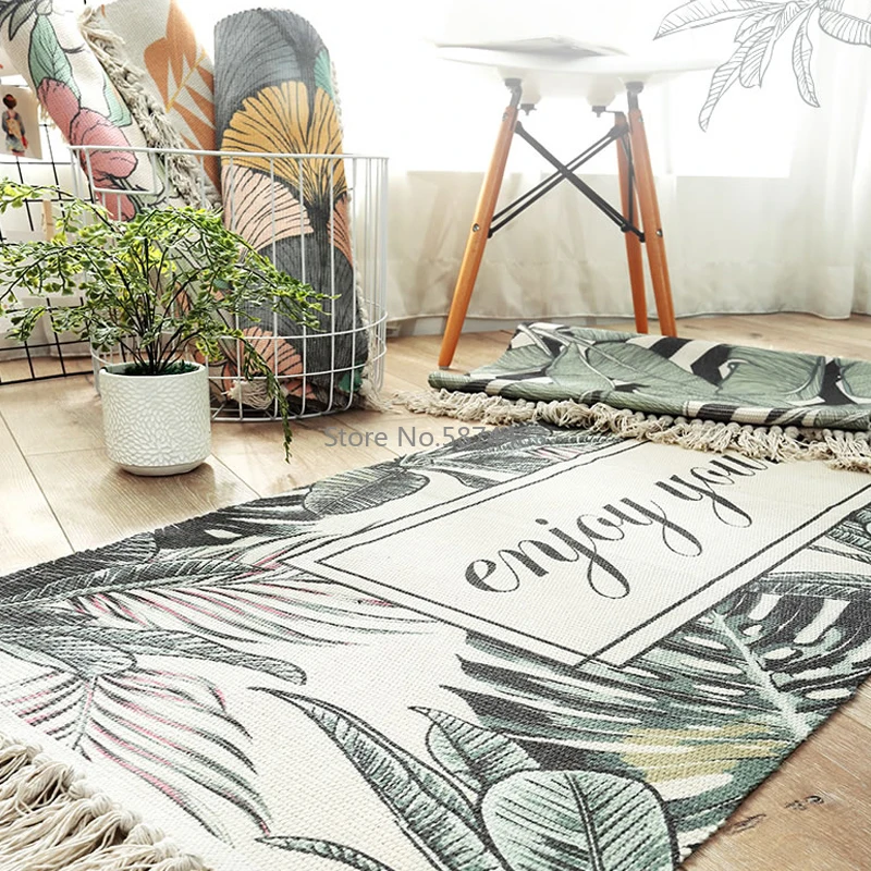 

Tropical Green Leaves Pattern Hand-woven Carpet Home Non-slip Bedroom Decor Floor Mat Area Rug Tassel Cotton Long Strip Rugs