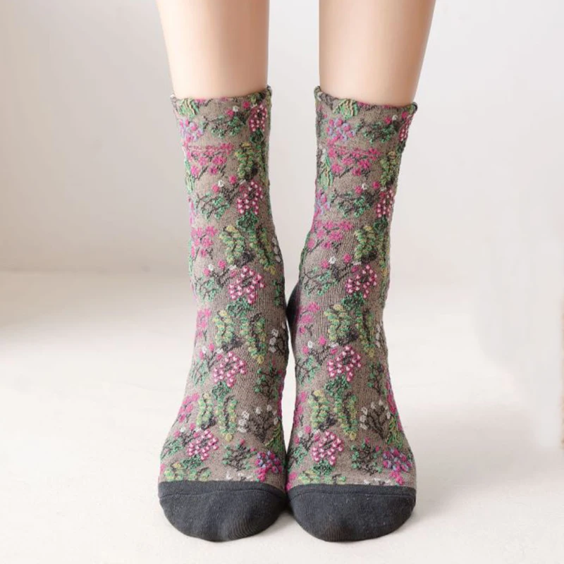 3 Pair Middle Tube Women Socks Set Harajuku Long Winter Warm Socks Cotton Fashion Kawaii Korean Style Print Flower Femme Socken