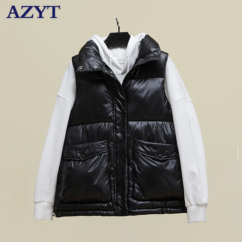 

AZYT 2021 Winter Warm Down Cotton Women's Vest Glossy Windproof Winter Sleeveless Jacket Female Korean Loose Cotton Waistcoat
