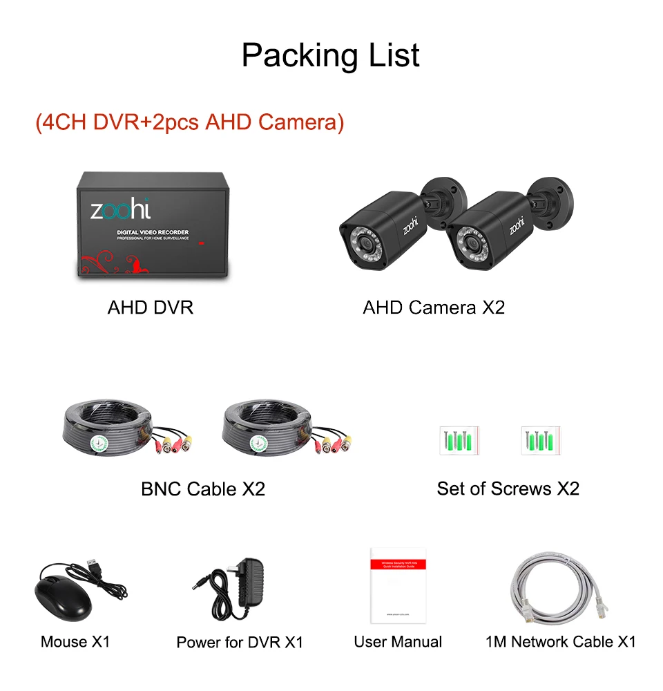 Zoohi CCTV 2CH 720 P/1080 P комплект камеры AHD P2P HDMI H. 264 DVR система видеонаблюдения Водонепроницаемая наружная камера безопасности комплект