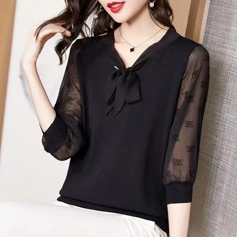 Women Spring Spring Summer Style Chiffon Blouses Shirts Lady Casual Half Sleeve Bow Tie Collar Blouses Tops DF4165