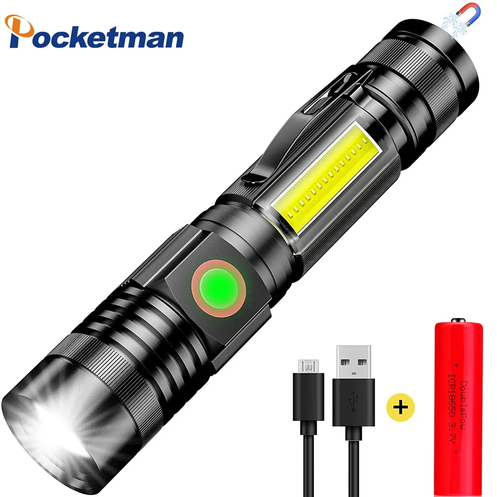 

LED Flashlight Magnetic Tail Work Light Waterproof Zoomable Torch USB Rechargeable Flashlights with Cob Side Light
