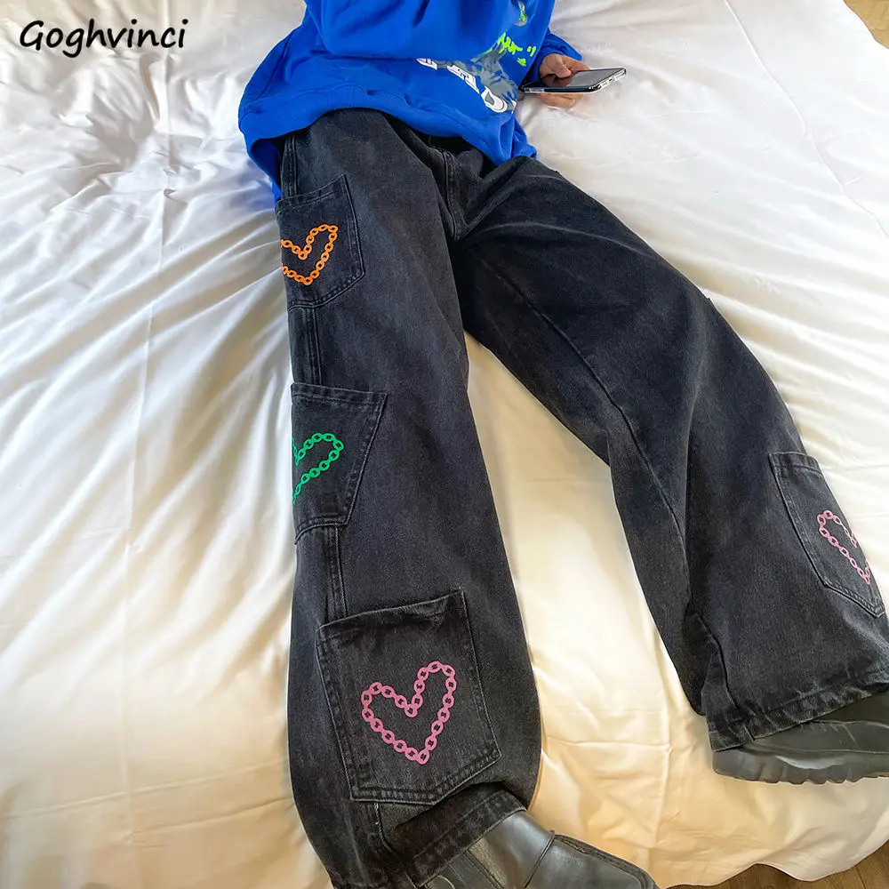 

Джинсы женские, широкие, с принтом в виде сердца, с карманами, свободные, уличные, хип-хоп