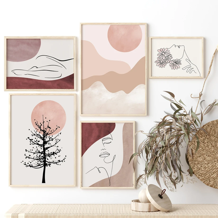 

Wall Art Canvas Painting Sunset Tree Flower Drew Line Girl Abstract Nordic Posters And Prints Wall Pictures For Living Room Home