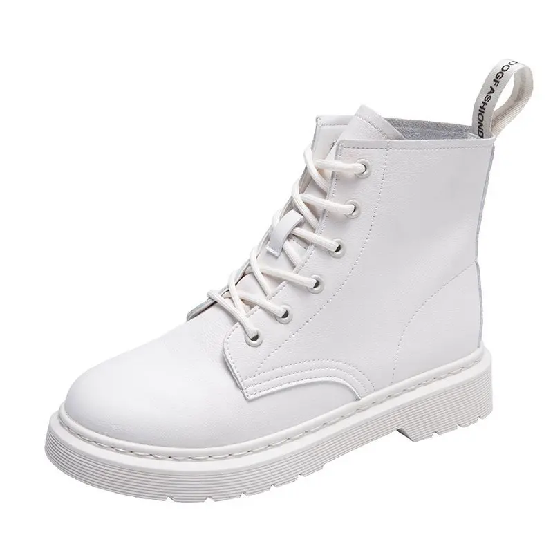 

Boots Women White Ankle Motorcycle Boots Female Autumn Winter Shoes Punk Top layer cowhide round toe lace-up short Martin boots