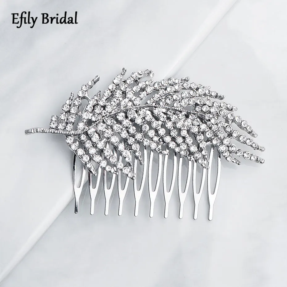 

Efily Classic Silver Color Rhinestone Leaf Hair Comb Wedding Hair Accessories Clip Bridal Headpiece Head Jewelry Bridesmaid Gift