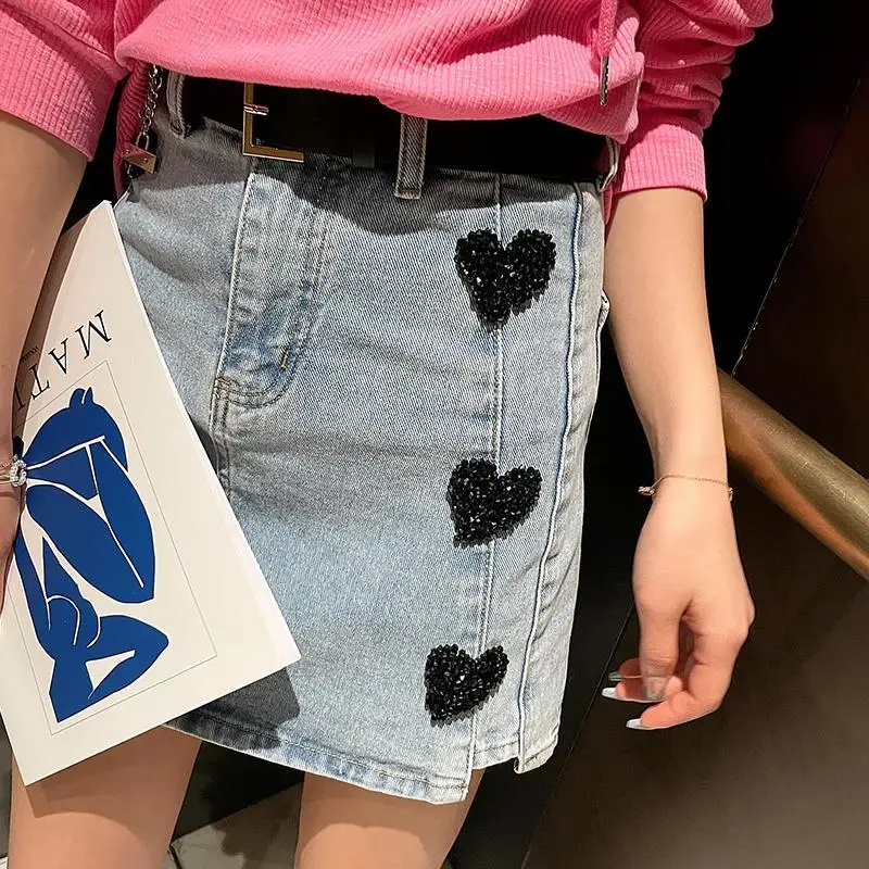 

Diamond Love Women Denim Skirt 2021 New Summer Fashion All-match Slim High Waist Short A-line Mini Skirt Casual Students Jean