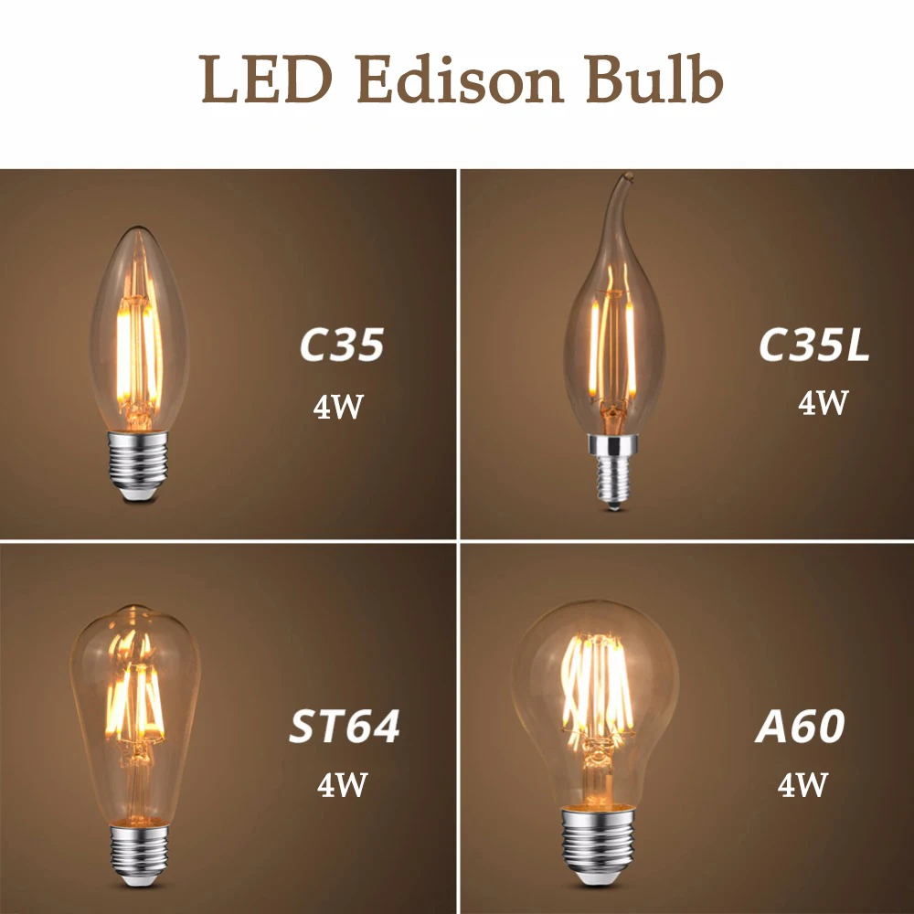 Светодиодная лампочка эдисона E27/E14, винтажный светильник, лампочка 220V 4 W, прозрачная стеклянная лампочка, энергосберегающая безопасная лампочка ST64 C35 C35L A60