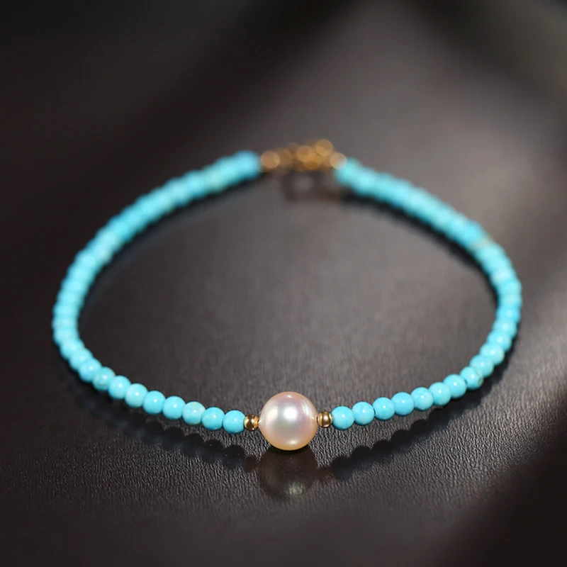 Женский браслет с натуральным жемчугом и бирюзовыми бусинами Sinya застежкой из 18