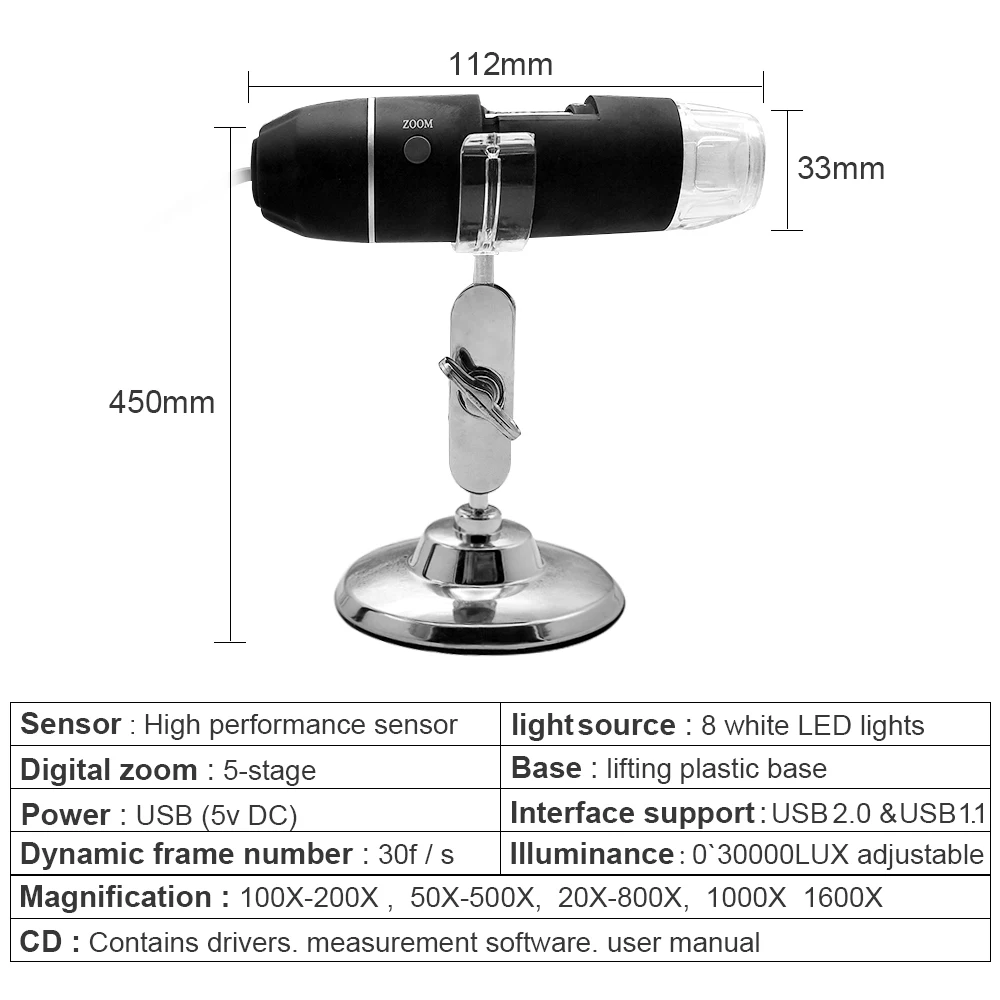 Цифровой микроскоп 50X-1600X с 8 светодиосветодиодный USB увеличительное стекло