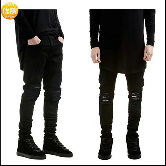

Jeans European and American High Street Fashion Brand Pure Black Slim Small Foot Elastic Jeans Men's Slim