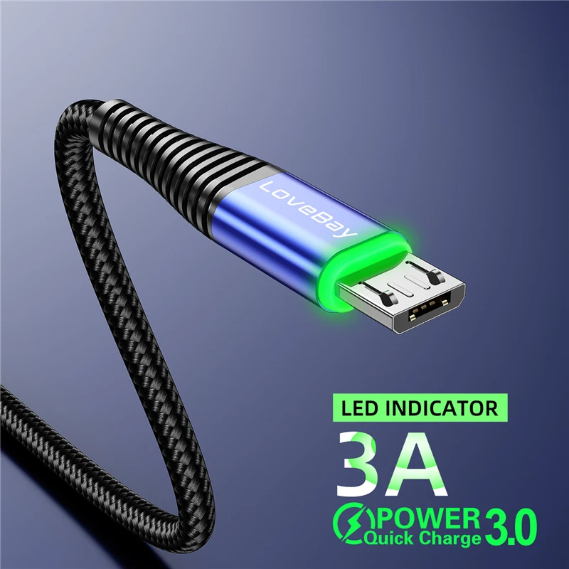 lovebay led 2m micro usb cable 3a qc 3 0 quick charge wire for xiaomi samsung android mobile phone data cable cord fast charging free global shipping