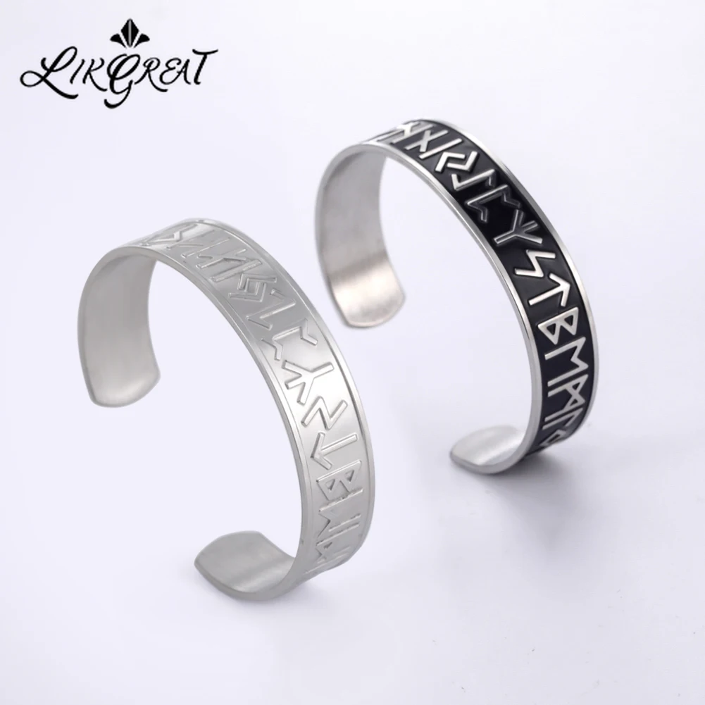 

Male Vintage Hard Cuff Couple Metal Bracelet for Women Men Stainless Steel Supernatural Viking Norse Runes Talisman Wrist Bangle