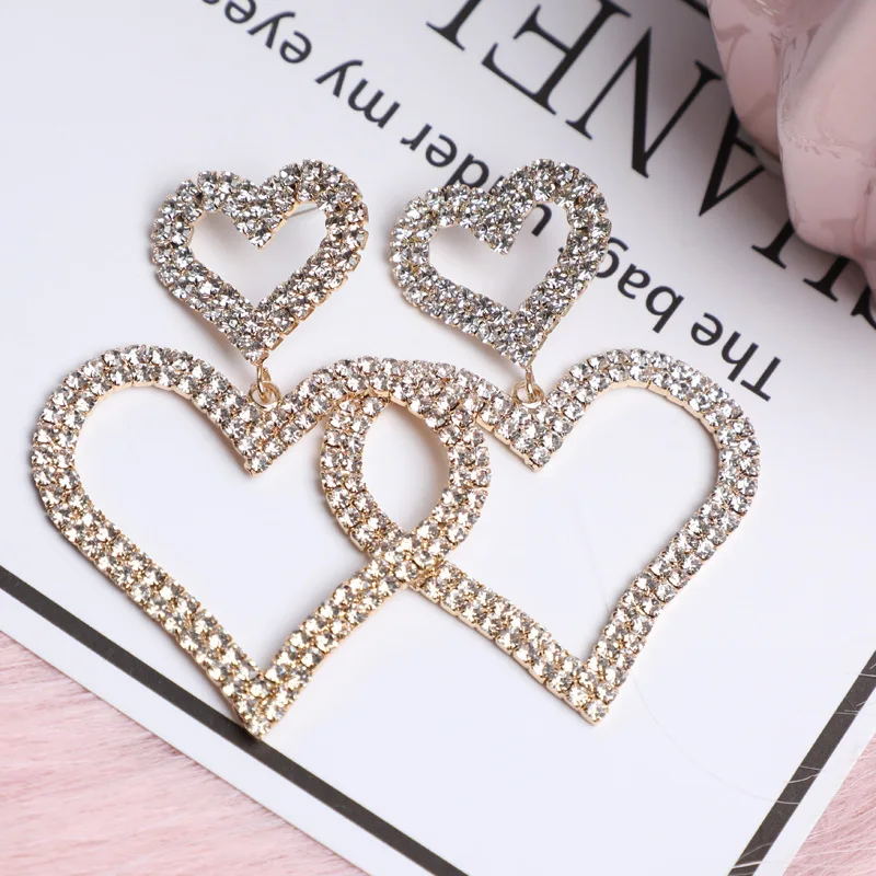 

LUBOV Heart Full Rhinestone Drop Earrings for Women Bijoux Fashion Shiny Crystal Dangle Earrings Jewelry Gifts