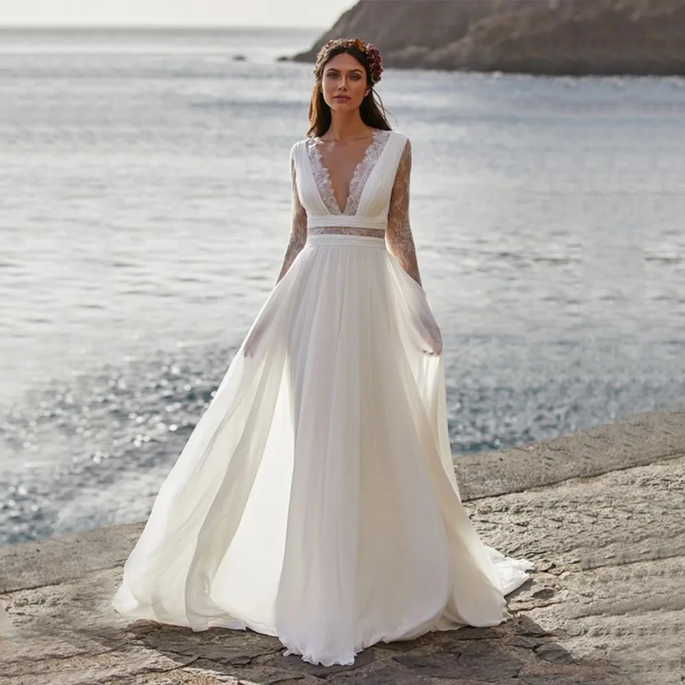 

V Neck Illusion Long Sleeve Beach Wedding Dress A Line Style Lace Button Back Chiffon Floor Length No Tail Bridal Gown