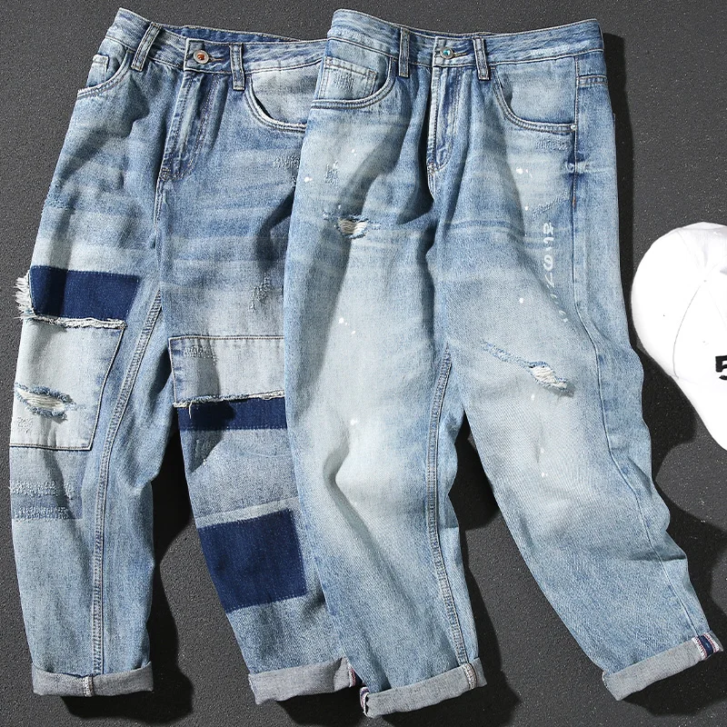 Loose Jeans Men's Spring Japanese Style Printed Ripped Cotton Light Color Trousers All-Matching Straight Casual Youth Trendy