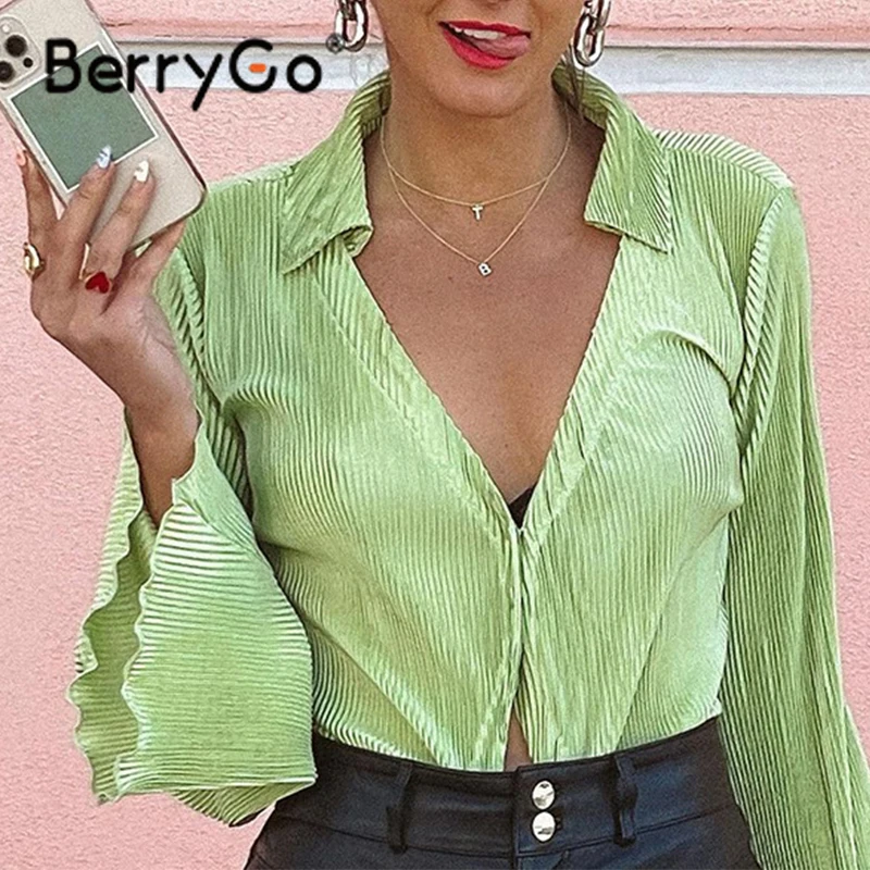 

BerryGo Sexy V neck stripes blouse women 2021 autumn Trumpet sleeves solid color shirts Office lady loose tops