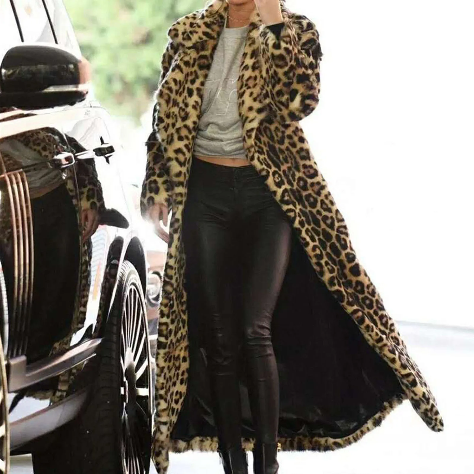 

Quality thick windproof jacket women's fashion ultra-long over ankle leopard print jacket winter warm coral fleece jacket