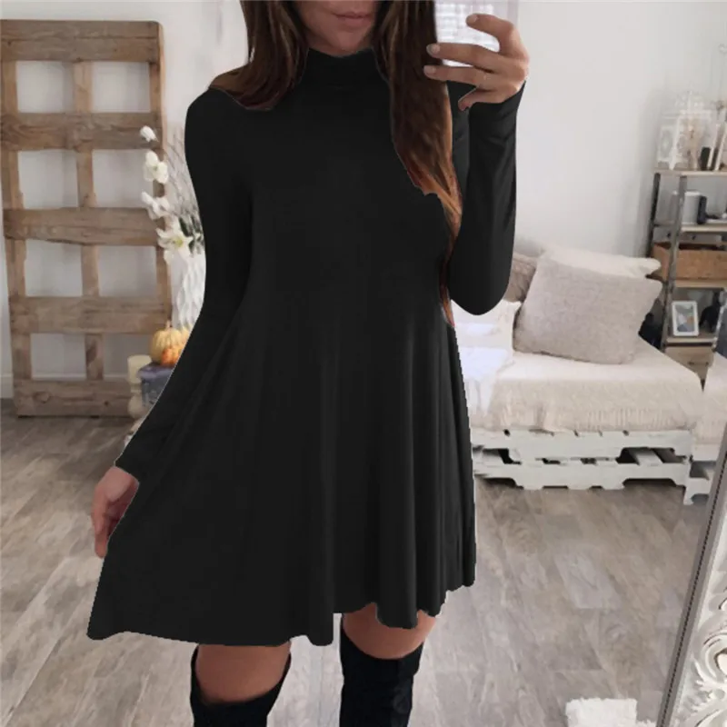 Женское платье с высоким воротником Черное Осеннее длинным рукавом короткое