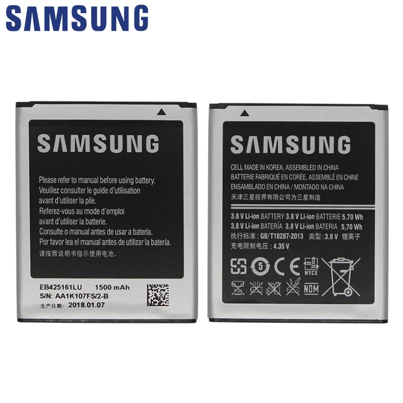 Оригинальная батарея Samsung EB425161LU 1500 мАч для Galaxy S Duos S7562 S7566 S7568 i8160 S7582 S7560 S7580 i8190 i739 i669 J1 мини