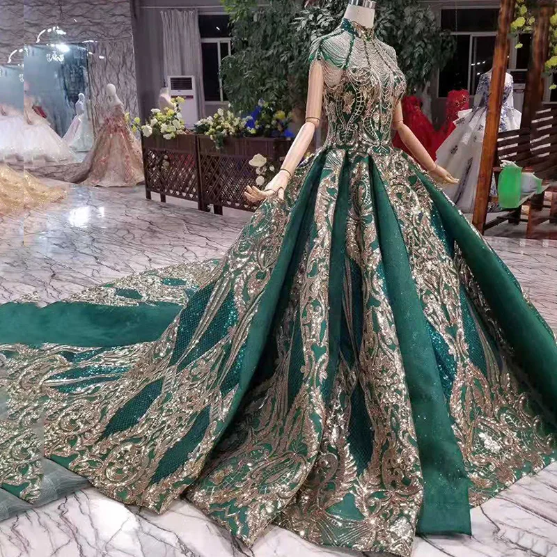LS11093 luxury green evening dresses ladies high neck cap sleeves crystal party dress with golden lace dubai style real photos