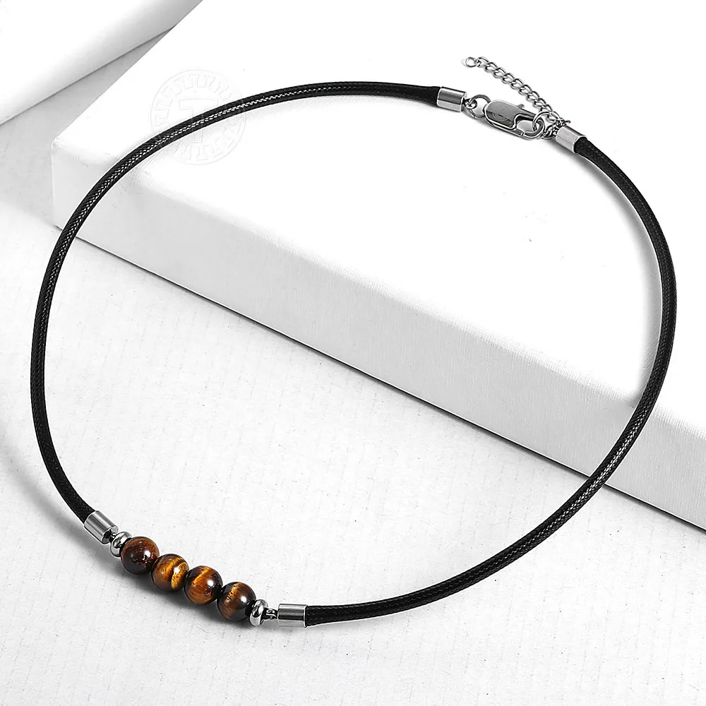 Trendsmax 8mm Natural Tiger Eye Stone Bead Necklace Charm Black Leather Cord Choker for Men Women Jewelry Gift DN125 | Украшения и