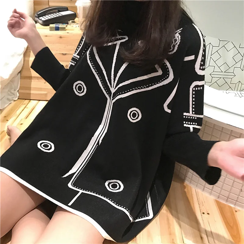 Свитер женский вязаный с высоким воротом черного цвета большого размера для