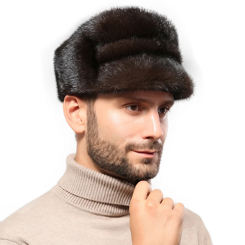 Мужская шапка из меха норки Белая теплая для осени и зимы 2019|Мужские шапка-бомбер|