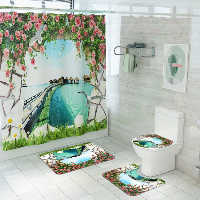 

Printed Shower Mats Microfiber Rug Bathroom Mat Pastoral Scenic Pattern Home Decor Carpet and Shower Curtain Water Absorbing Rug