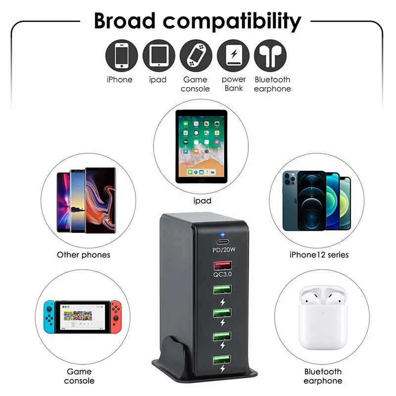 uslion 6 port usb pd fast charger for xiaomi samsung s9 qc 3 0 eu us uk au charging station universal phone desktop wall charger free global shipping