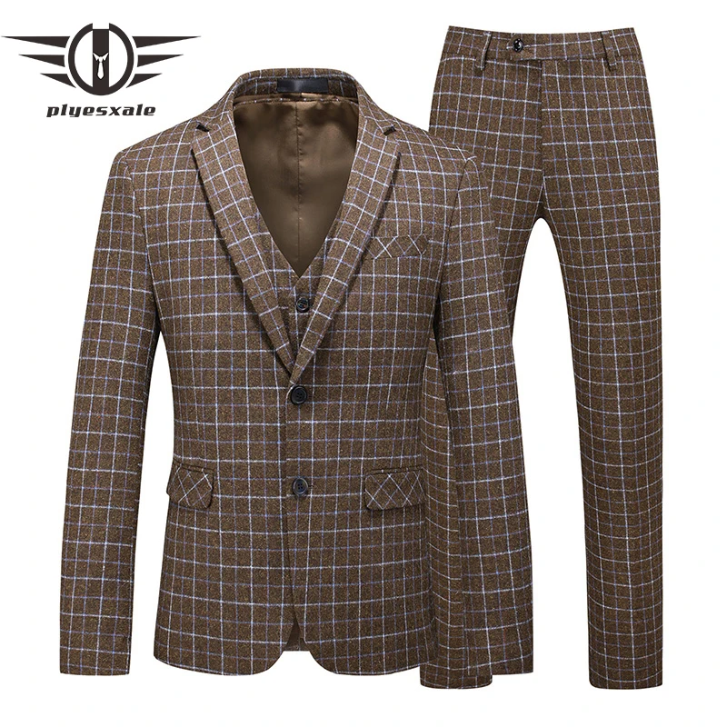 Plyesxale сером и коричневом цвете Клетчатый костюм Для мужчин Slim Fit Высокое Качество