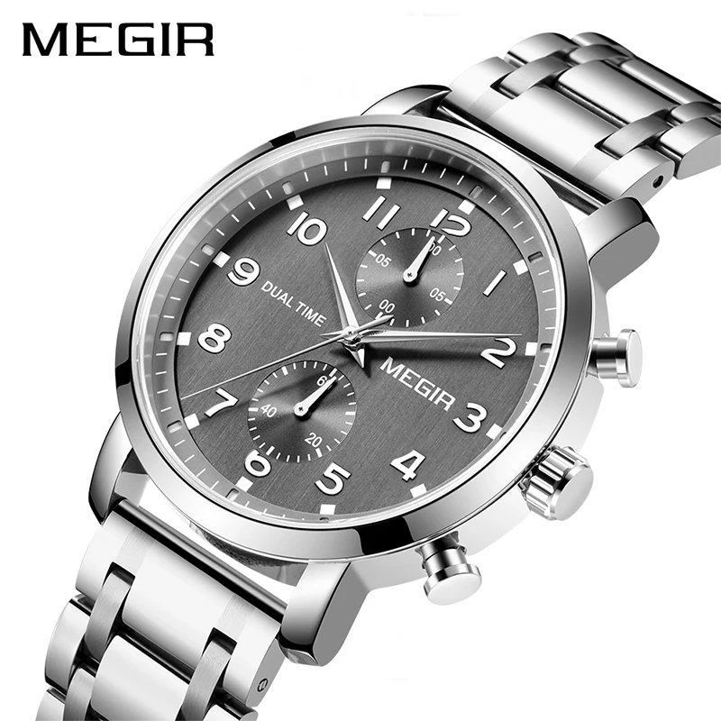

Часы наручные Megir Мужские кварцевые, нержавеющая сталь, серый циферблат, водонепроницаемый хронограф, деловые
