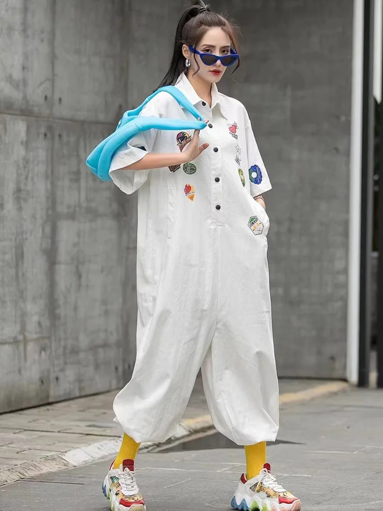 

2021 Summer Fashion Printing Lapel Short-Sleeved Jumpsuit for Women Trendy Loose Oversized Black White One Piece Outfit Overalls