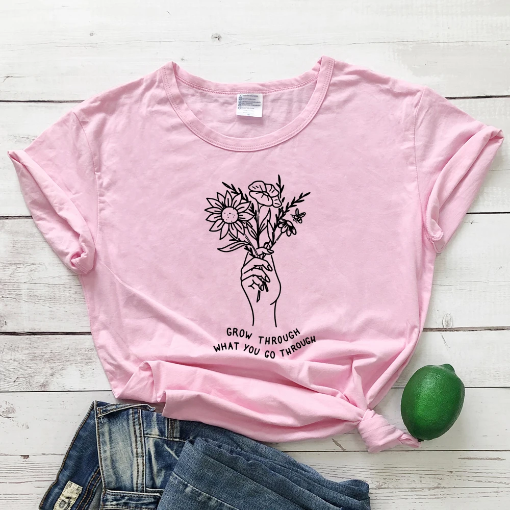 pink-black text Летние расти через то, что вы проходите футболки Винтаж Цветочный принт футболка Топ Для женщин Crewbeck крафический Tumblr из хлопчатобумажной ткани, раздел-футболки - Цвет: pink-black text