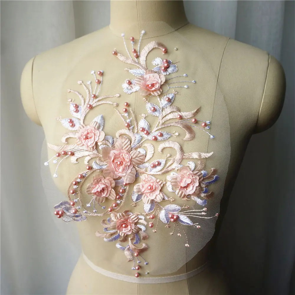 Детские розовые Бусы 3D цветок кружевная ткань вышитое платье Аппликации отделка