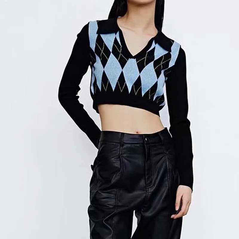 

2021 Women Vintage Geometric Rhombic Cropped Knitted Sweater Fashion Lapel Collar Pullover Female England Style Outerwear Tops