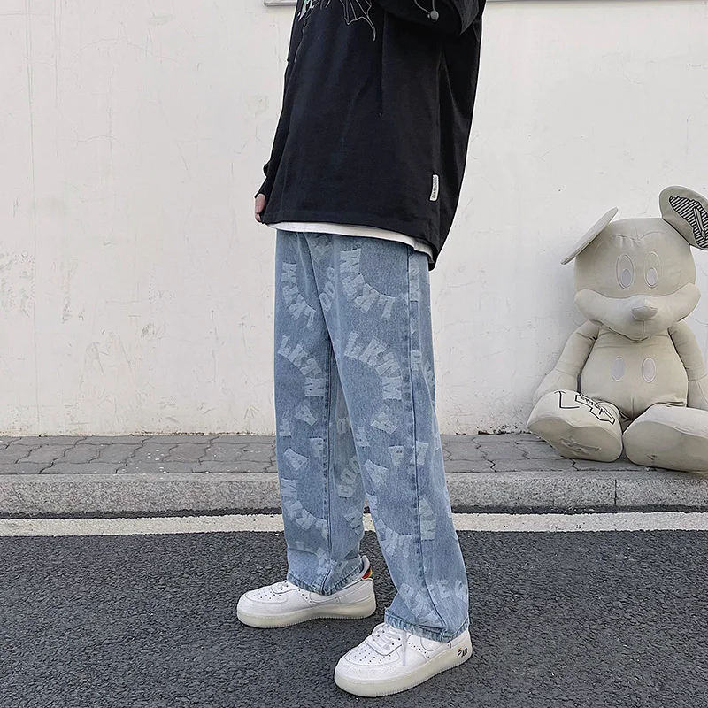 #1312 Letters Printed Denim Jeans Men Loose Harajuku Jogger Jeans Men Loose Streetwear Straight Wide Leg Jeans Blue Jogger Jeans