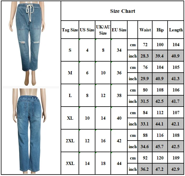 

Women's Pants Women Trousers Casual Hole Summer Fashion Waist Drawstring Straight-leg Ripped Jeans Denim Blue Pants Ripped Jeans
