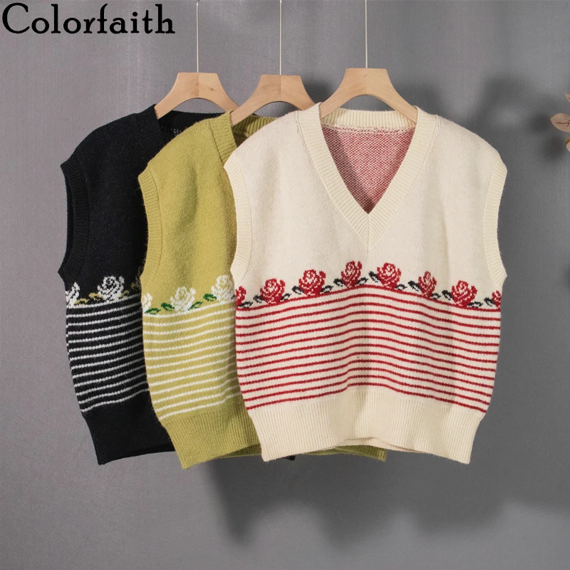 

Colorfaith 2021 New Autumn Winter Women Sweater Sleeveless Vest Waistcoat Striped French Style Floral Retro Short Tops SWV1510JX