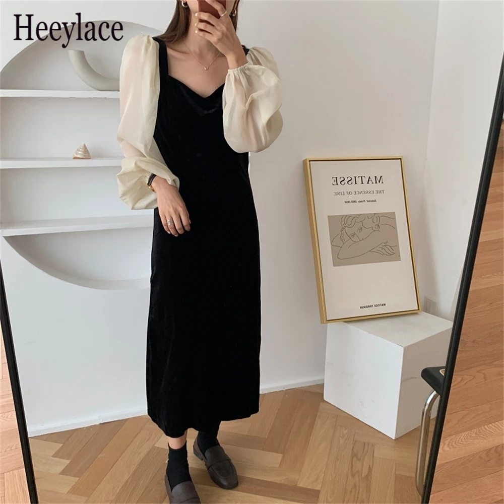 

Женское бархатное платье с V-образным вырезом, с пышными рукавами