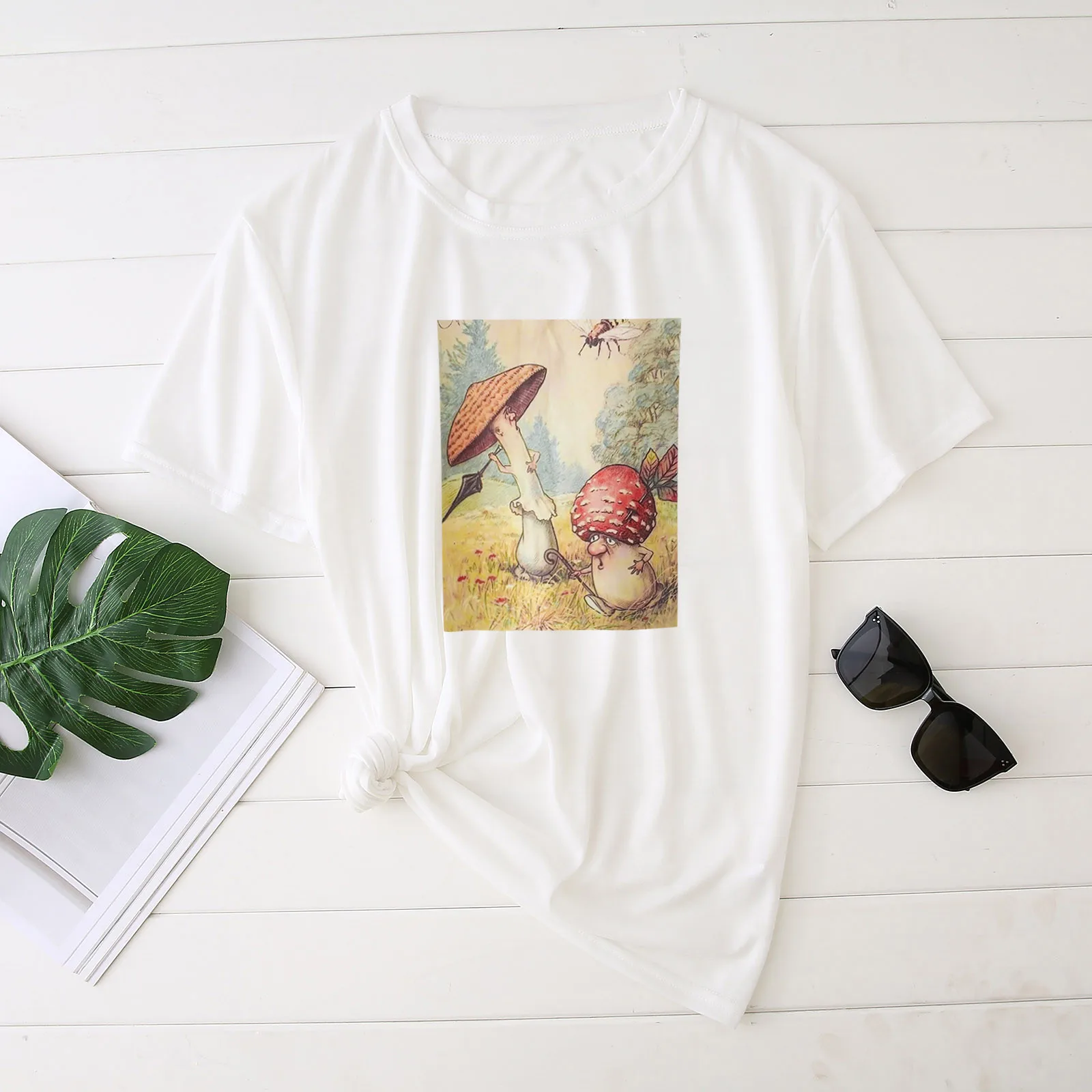 

Women Mushrooms Print Round Neck Short Sleeve Christmas Print Loose T-Shirt Top