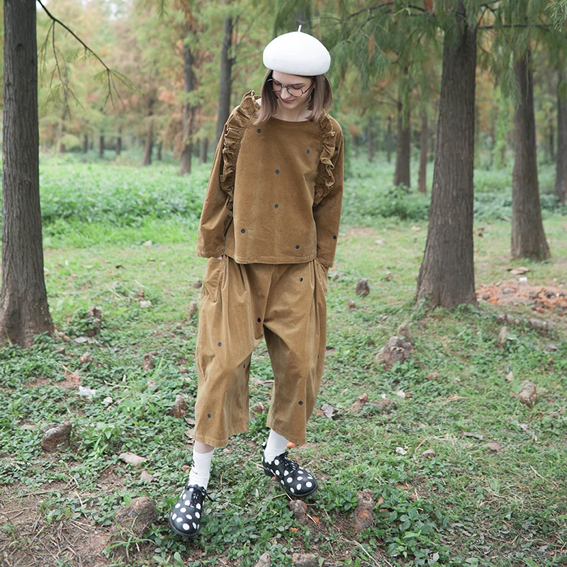 

Хлопковые шаровары imakokoni в горошек девять точек, женские свободные повседневные брюки оригинального дизайна с широкими штанинами 182290