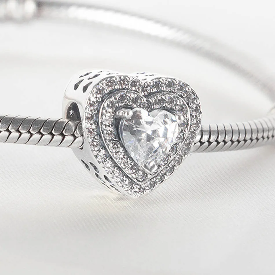 

Authentic S925 Silver Bead DIY Jewelry Pave Heart Charm fit Lady Bracelet Bangle Clear CZ