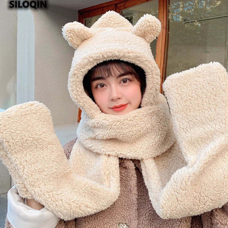 

New Wool Female Little Bear Winter Scarf Gloves All in One Three-Piece Suit Keep Warm Ear Protection Student Hat Cycling 2022