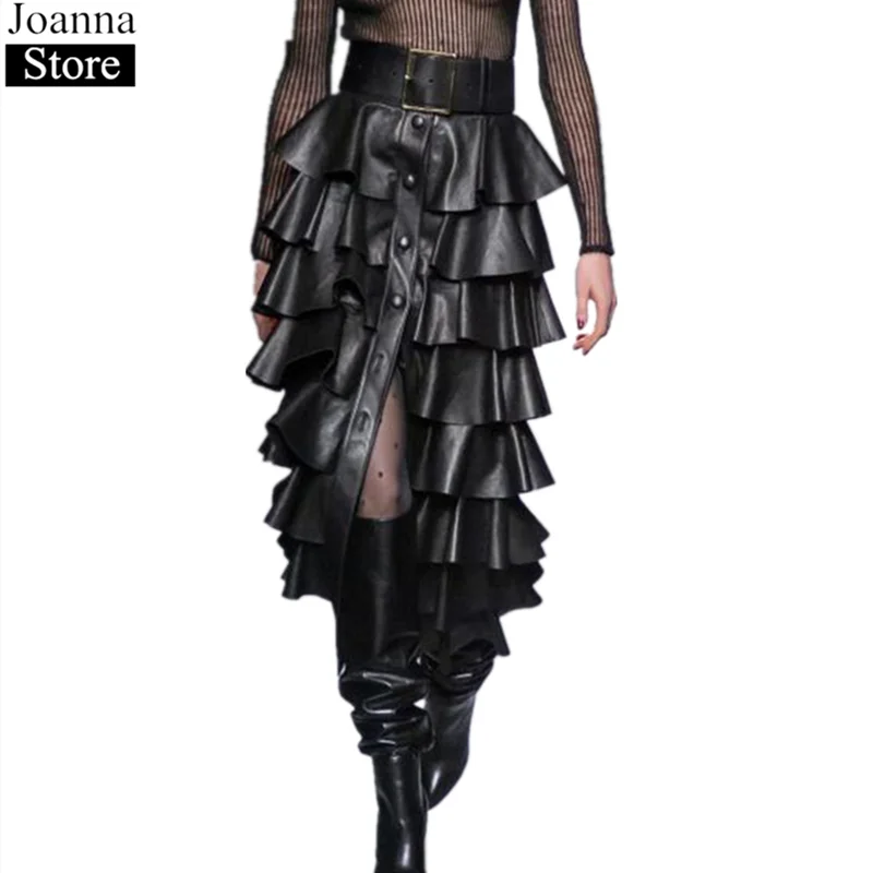 Женская длинная юбка из ПУ кожи с высокой талией на пуговицах|Женские юбки| |
