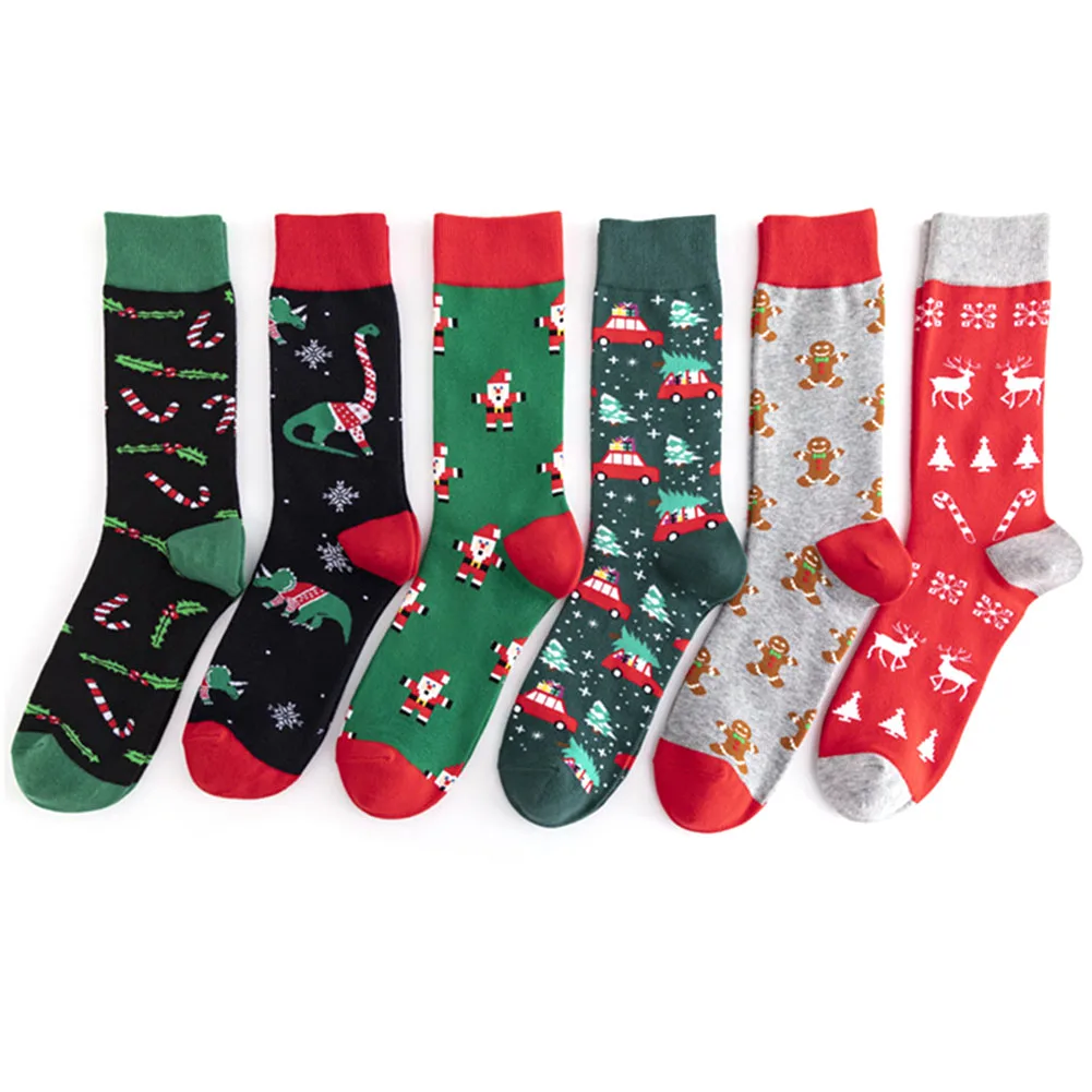 Мужские рождественские носки с мультяшным принтом динозавром оленем ребристые