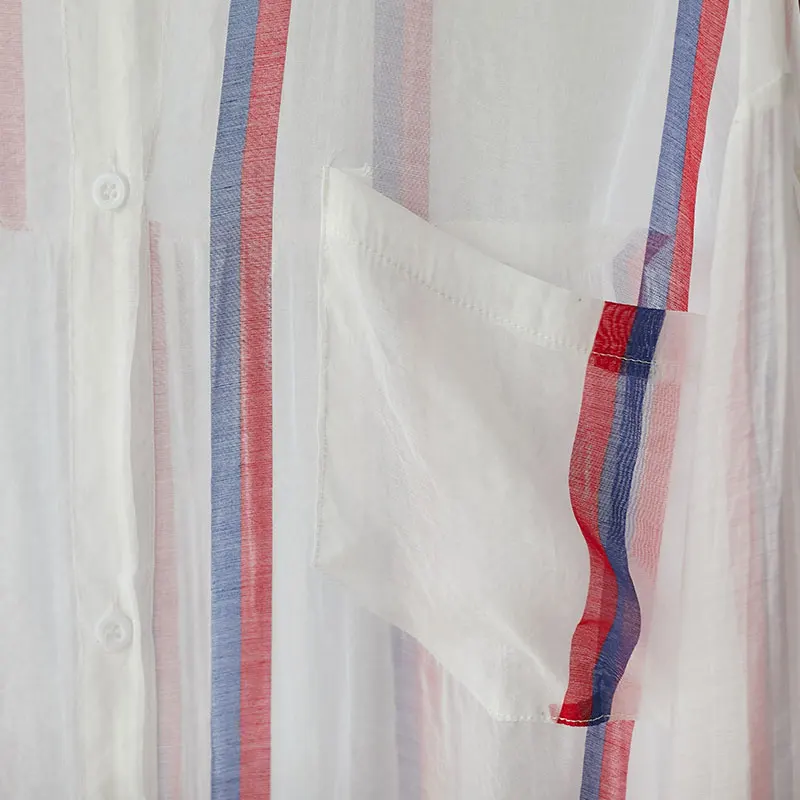 

SuperAen 2021 Summer Plus Size Loose Turn Down Collar Full Casual Stripe Sunscreen Women Shirts