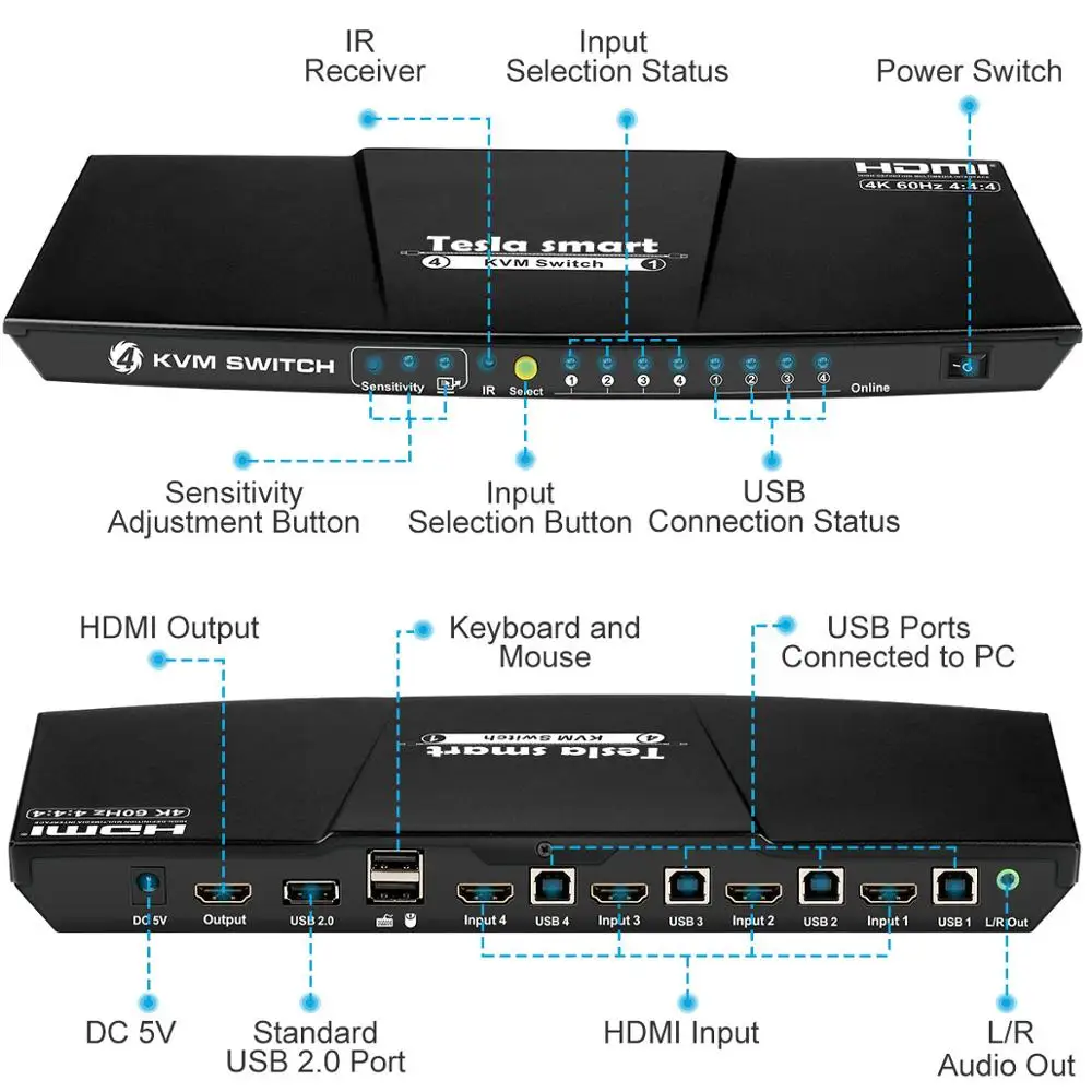 Tesla Smart HDMI 4K@ 60 Гц высококачественный hdmi KVM переключатель 4 порта USB KVM HDMI переключатель поддержка 3840*2160/4K*2K@60Hz дополнительный порт USB2.0