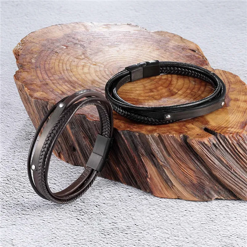 Fashion Genuine Leather Bracelet Men Black Braid Multilayer Rope Chain Stainless Steel ID Brand Magnetic Clasp Male Jewelry Gift | Украшения