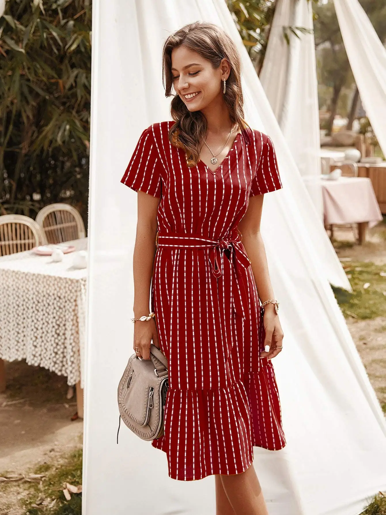 

Women's Floral Print Ruffle Tie Waist Summer Chiffon Dress